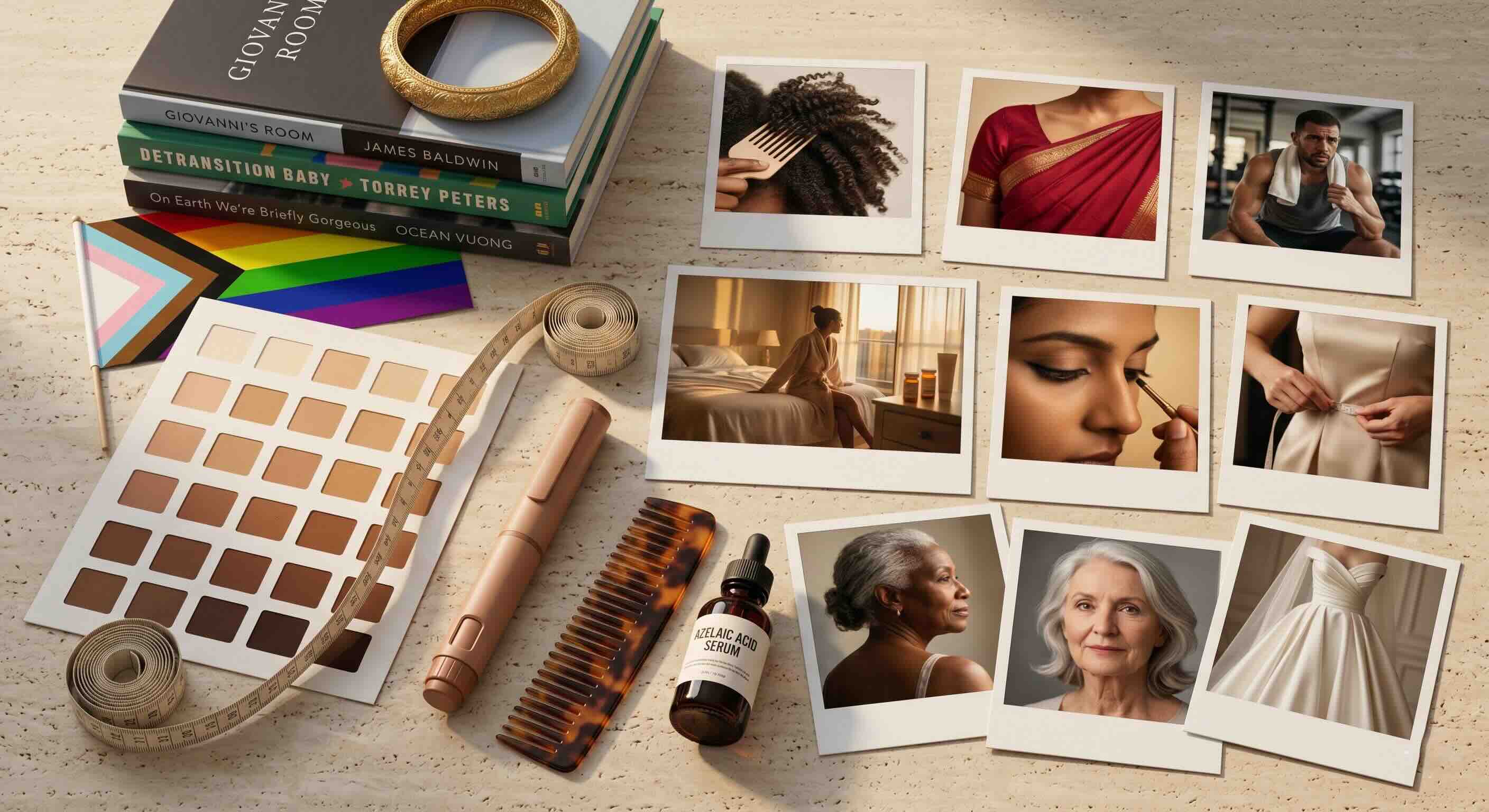 Diverse imagery: skin-tone reference, identities, grooming, books, and self-care suggesting appearance as personal narrative.
